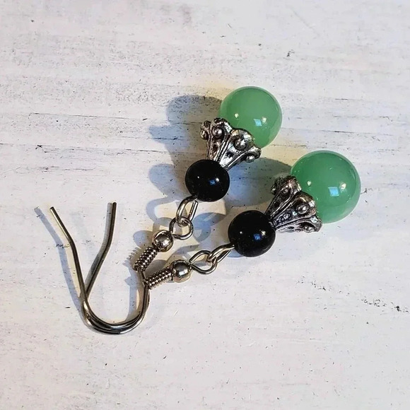 Eclectic Black Light Green Glass Bead Antiqued Silver Fancy Bead Cap Earrings - Picture 1 of 6